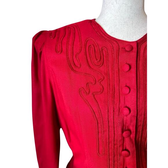 Vtg Sarah Elizabeth Red Embroidered Peplum Puff Sleeve Maxi Dress 14 Holiday - Picture 5 of 7